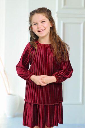 שמלת פליסה קטיפה - בורדו